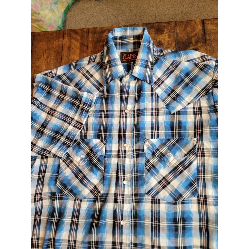 Plains Western Wear Shirt Mens S Blue Black Plaid Excellent Pearl Snap Short Slv